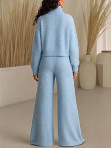 SHEIN Franclia Women's Half-High Neck Zipper Lazy Long Sleeve Sweater Set, Casual Knitted Autumn/Winter Two Pieces Set, Light Blue Loose Versatile Sweater Set - Blue - View 3
