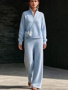 SHEIN Franclia Women's Half-High Neck Zipper Lazy Long Sleeve Sweater Set, Casual Knitted Autumn/Winter Two Pieces Set, Light Blue Loose Versatile Sweater Set - Blue - View 4