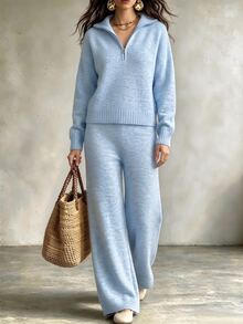SHEIN Franclia Women's Half-High Neck Zipper Lazy Long Sleeve Sweater Set, Casual Knitted Autumn/Winter Two Pieces Set, Light Blue Loose Versatile Sweater Set - Blue - View 5