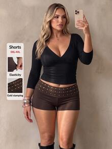 Auralis Brown High-Stretch High-Waisted Fold-Over Fitted Shorts – Modern, Elegant, And Distinctive Casual Daily Going Out Short Casual Party Short For Women - Brown - View 4
