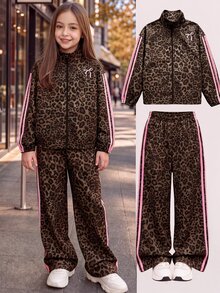 SHEIN Tween Girl Navy Blue Kids Jacket + Pants 2 Pieces Set Fall Winter Outfit Back To School Long Sleeve Tops - Coffee Brown - View 7