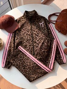 SHEIN Tween Girl Navy Blue Kids Jacket + Pants 2 Pieces Set Fall Winter Outfit Back To School Long Sleeve Tops - Coffee Brown - View 10