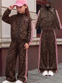SHEIN Tween Girl Navy Blue Kids Jacket + Pants 2 Pieces Set Fall Winter Outfit Back To School Long Sleeve Tops - Coffee Brown - View 6