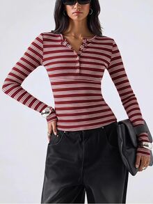 LYSMO Women's Button Half-Placket White And Burgundy Long Sleeve Casual Preppy T-Shirt School Everyday Fall Striped Burgundy - Multicolor - View 5