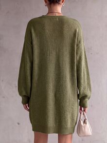 LUMIGAL Women's Solid Color Contrast Lace V-Neck Drop Shoulder Long Sleeve Knit Dress - Green - View 3