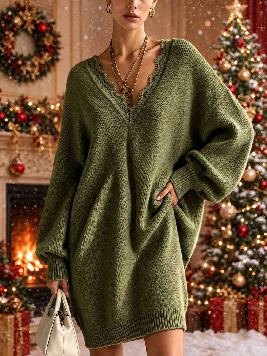 LUMIGAL Women's Solid Color Contrast Lace V-Neck Drop Shoulder Long Sleeve Knit Dress