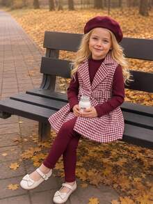 SHEIN Young Girls Outerwear Co-Ords, Robe Elegant Chic, Long Sleeve Tops 3pics Solid Color Long Sleeve T-Shirt And Pants Casual Set - Burgundy - View 2