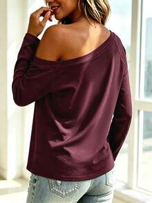 SHEIN LUNE White Pure Cotton Asymmetrical Shoulder Casual Versatile Women's Long Sleeve T-Shirt - Burgundy - View 2