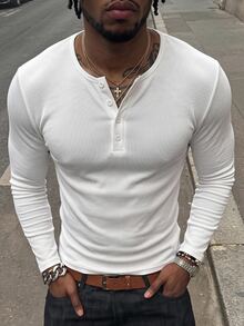 GETOML Men's Solid Color Half-Placket Henley Long Sleeve Casual T-Shirt Halloween Christmas Winter Party Autumn - White - View 1