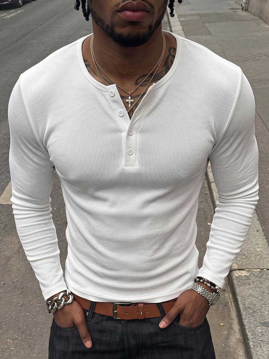 GETOML Men's Solid Color Half-Placket Henley Long Sleeve Casual T-Shirt Halloween Christmas Winter Party Autumn - White - View 1