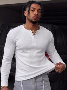 GETOML Men's Solid Color Half-Placket Henley Long Sleeve Casual T-Shirt Halloween Christmas Winter Party Autumn - White - View 5