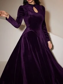 Seusyu Burgundy Red Women's Solid Color Keyhole Neck Puff Sleeve Elegant Dress Long Evening Dresses - Purple - View 11