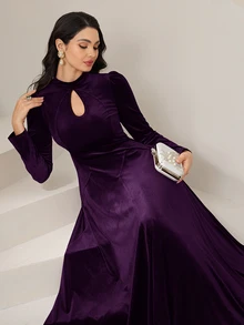Seusyu Burgundy Red Women's Solid Color Keyhole Neck Puff Sleeve Elegant Dress Long Evening Dresses - Purple - View 6
