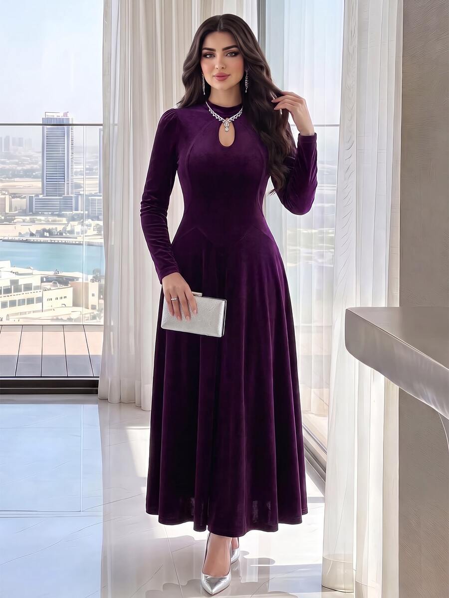 Seusyu Burgundy Red Women's Solid Color Keyhole Neck Puff Sleeve Elegant Dress Long Evening Dresses