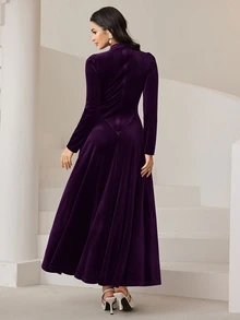 Seusyu Burgundy Red Women's Solid Color Keyhole Neck Puff Sleeve Elegant Dress Long Evening Dresses - Purple - View 4