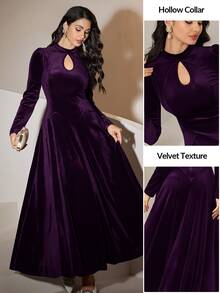 Seusyu Burgundy Red Women's Solid Color Keyhole Neck Puff Sleeve Elegant Dress Long Evening Dresses - Purple - View 3