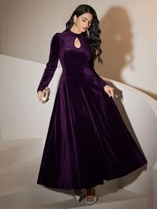 Seusyu Burgundy Red Women's Solid Color Keyhole Neck Puff Sleeve Elegant Dress Long Evening Dresses - Purple - View 9