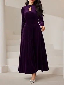 Seusyu Burgundy Red Women's Solid Color Keyhole Neck Puff Sleeve Elegant Dress Long Evening Dresses - Purple - View 7