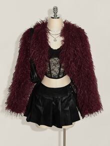 SHEIN ICON معطف فرو صناعي أنيق بأكمام طويلة مقاس كبير للشتاء والكريسماس - عنابي اللون - مشاهدة 2