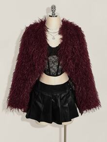 SHEIN ICON معطف فرو صناعي أنيق بأكمام طويلة مقاس كبير للشتاء والكريسماس - عنابي اللون - مشاهدة 5