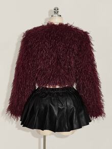 SHEIN ICON معطف فرو صناعي أنيق بأكمام طويلة مقاس كبير للشتاء والكريسماس - عنابي اللون - مشاهدة 4