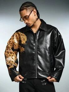 ROMWE MEN Men's Animal Print Zipper PU Material Jacket - Black - View 4