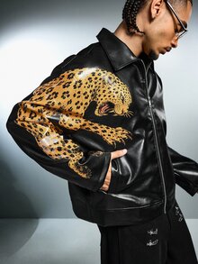 ROMWE MEN Men's Animal Print Zipper PU Material Jacket - Black - View 1