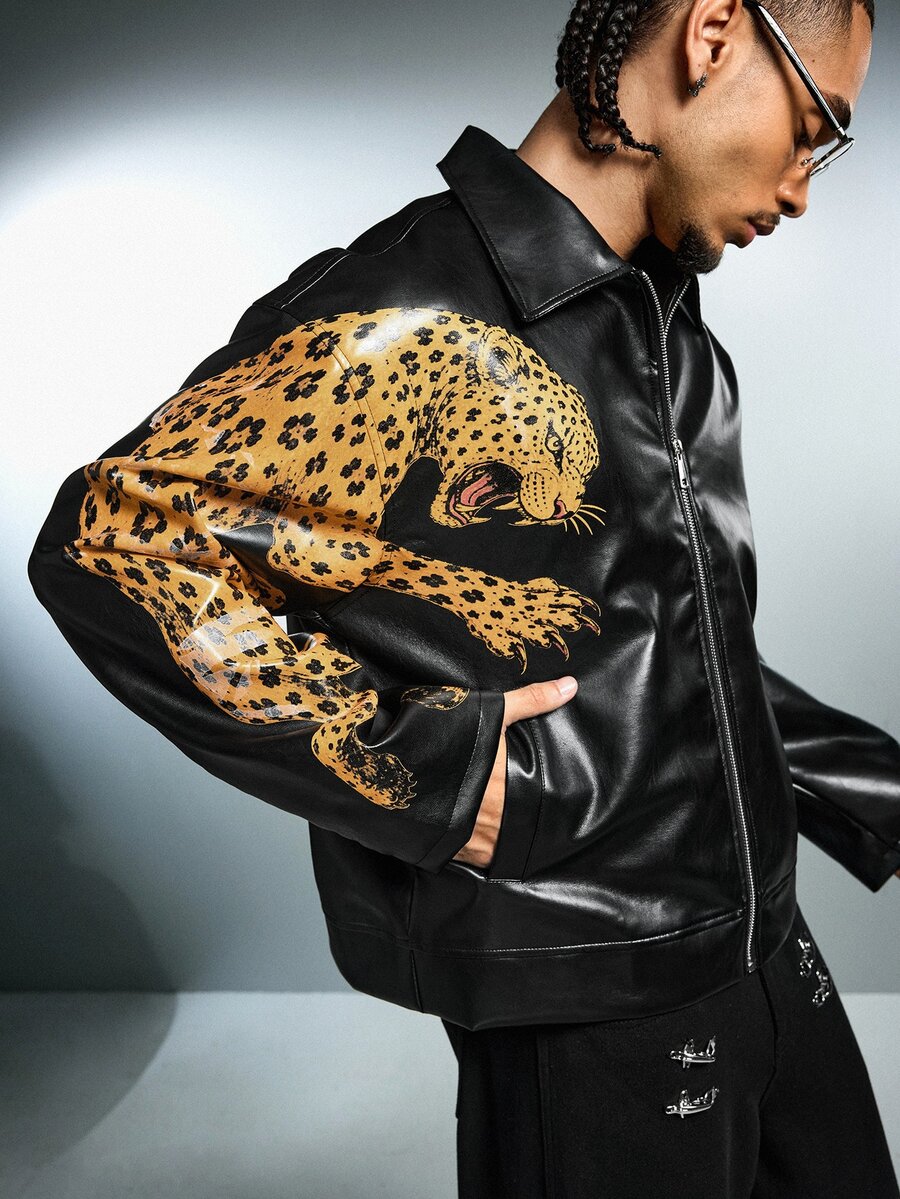 ROMWE MEN Men's Animal Print Zipper PU Material Jacket - Black - View 1