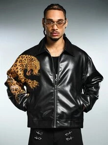 ROMWE MEN Men's Animal Print Zipper PU Material Jacket - Black - View 3