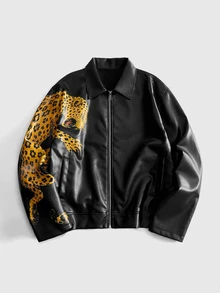 ROMWE MEN Men's Animal Print Zipper PU Material Jacket - Black - View 8