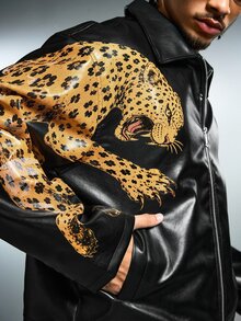 ROMWE MEN Men's Animal Print Zipper PU Material Jacket - Black - View 2