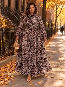 Poshavie Poshavie Plus Size Women's Classic Leopard Print Elegant Dress, Flowy Tie-Waist Dress, Suitable For Outings, Dates, Afternoon Tea And Commuting - Brown - View 3