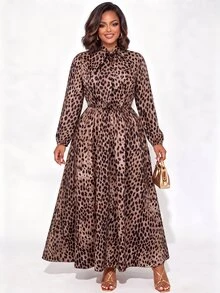 Poshavie Poshavie Plus Size Women's Classic Leopard Print Elegant Dress, Flowy Tie-Waist Dress, Suitable For Outings, Dates, Afternoon Tea And Commuting - Brown - View 4