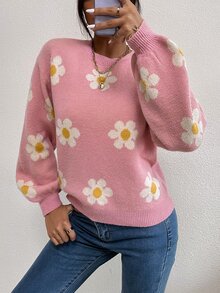 valorelle valorelle Floral Pattern Drop Shoulder Sweater Knit Pullover Fall Winter - Baby Pink - View 4