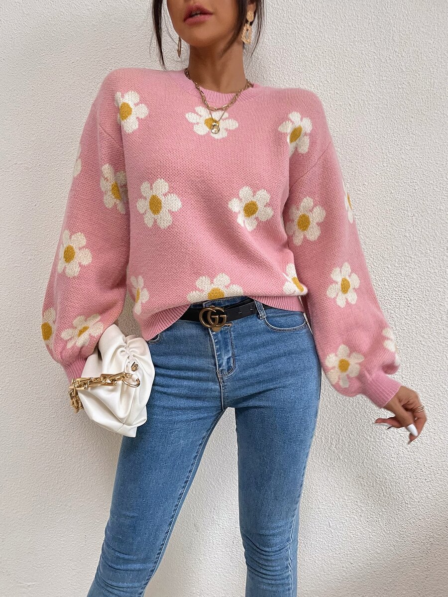 valorelle valorelle Floral Pattern Drop Shoulder Sweater Knit Pullover Fall Winter - Baby Pink - View 1