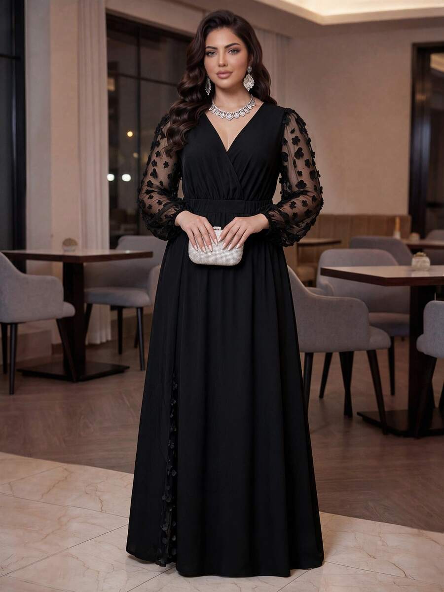 Auveirra Plus Size Women's Patchwork Applique Decorated Mesh Long Sleeve Elegant Dress Dinner Formal Evening Black Fall - Black - View 1
