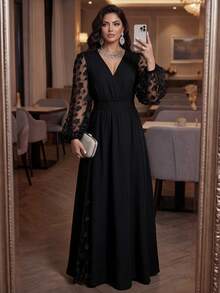 Auveirra Plus Size Women's Patchwork Applique Decorated Mesh Long Sleeve Elegant Dress Dinner Formal Evening Black Fall - Black - View 3