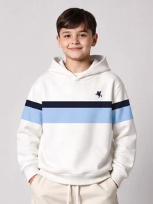 SHEIN Tween Boy Casual Minimalist Loose Comfortable Long Sleeve Sweatshirt, Suitable For Autumn/Winter, Classic Retro Striped Color Block Pattern Print, Classic Retro Campus Style Pattern Print, Classic Exquisite Knight Small Logo Pattern Print, Suitable For Autumn/Winter, Suitable For Back To School Season - Multicolor - View 1