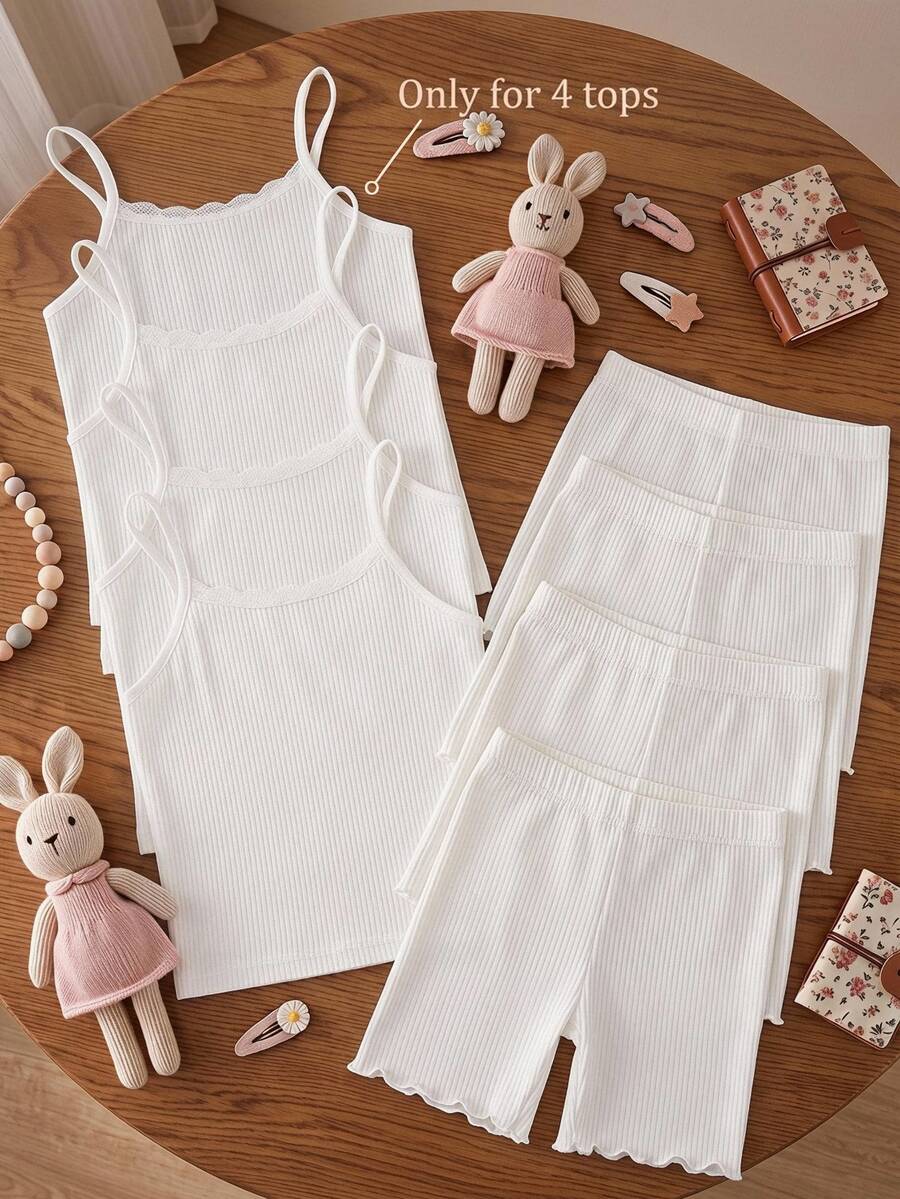 4pcs Set Girls' Camisole Undershirts, 4 Pieces Sold Together, Pure White Spaghetti Strap Tank Tops With Delicate Lace Trim, Soft Skin-Friendly Knitted Fabric, Smooth And Comfortable - White - View 1
