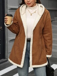 SHEIN Clasi Plus Size Street Style Long Sleeve Pocket Jacket, Warm - Brown - View 5