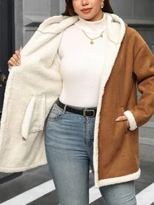 SHEIN Clasi Plus Size Street Style Long Sleeve Pocket Jacket, Warm - Brown - View 9