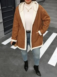 SHEIN Clasi Plus Size Street Style Long Sleeve Pocket Jacket, Warm - Brown - View 6