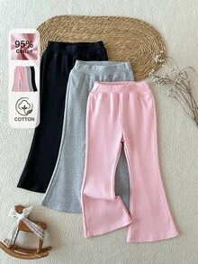 SHEIN Young Girl 3pcs Pack Ribbed Knit Flare Pants Solid Soft High Elasticity Stretchy Bell Bottom Trousers - Multicolor - View 2