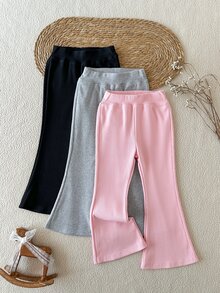 SHEIN Young Girl 3pcs Pack Ribbed Knit Flare Pants Solid Soft High Elasticity Stretchy Bell Bottom Trousers - Multicolor - View 9