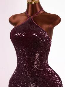 Mistrie Lady's Summer Sexy Sleeveless Halter Backless Sequin Glitter Fabric Artificial Feather Dress Christmas Party Club Burgundy - Burgundy - View 6