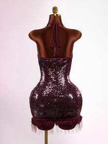Mistrie Lady's Summer Sexy Sleeveless Halter Backless Sequin Glitter Fabric Artificial Feather Dress Christmas Party Club Burgundy - Burgundy - View 2