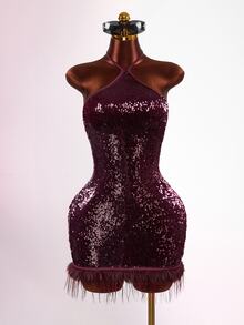 Mistrie Lady's Summer Sexy Sleeveless Halter Backless Sequin Glitter Fabric Artificial Feather Dress Christmas Party Club Burgundy - Burgundy - View 11