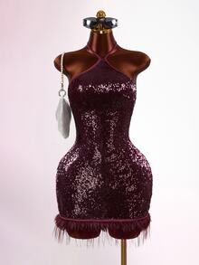 Mistrie Lady's Summer Sexy Sleeveless Halter Backless Sequin Glitter Fabric Artificial Feather Dress Christmas Party Club Burgundy - Burgundy - View 5