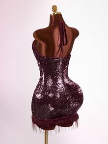 Mistrie Lady's Summer Sexy Sleeveless Halter Backless Sequin Glitter Fabric Artificial Feather Dress Christmas Party Club Burgundy - Burgundy - View 10