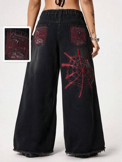 Street Life Plus Size Women's Street Style Red Spider Web Embroidered Pattern Wide Leg Jeans